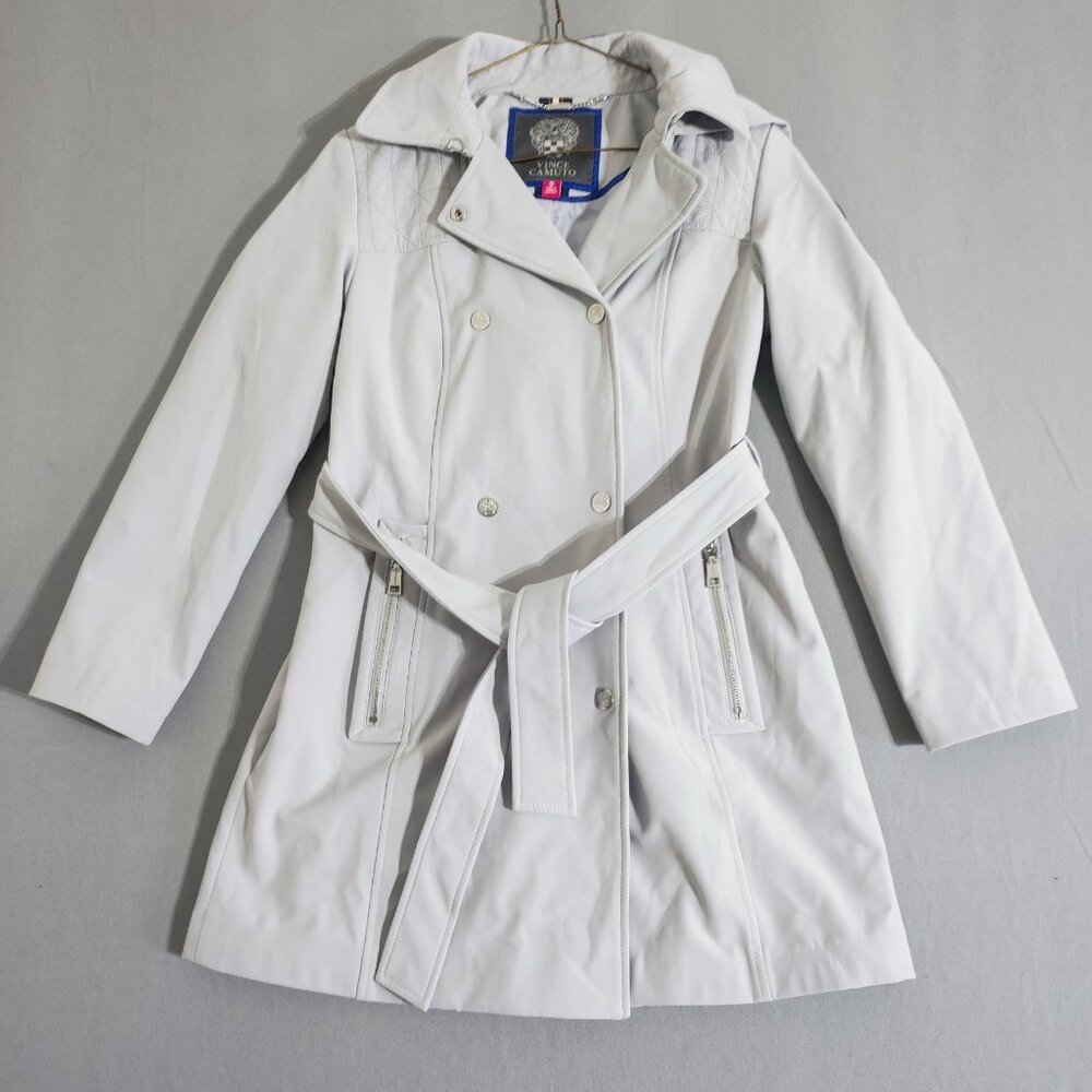 Vince Camuto Trench Coat women's size XS light grey colour belted removable hood